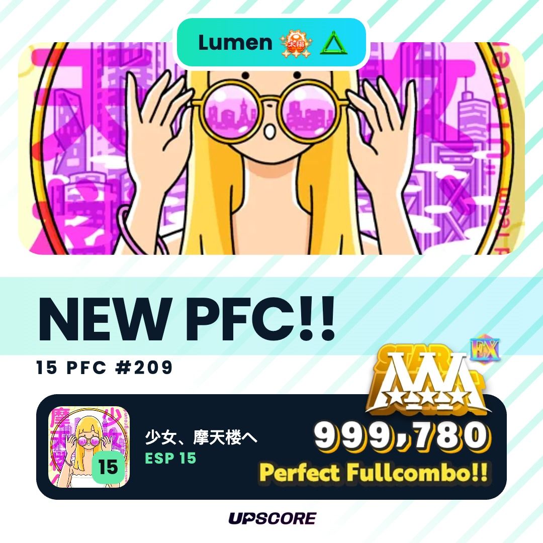 少女、摩天楼へ（足15）でのPFC達成を知らせるセッションカード。スコア999,780
