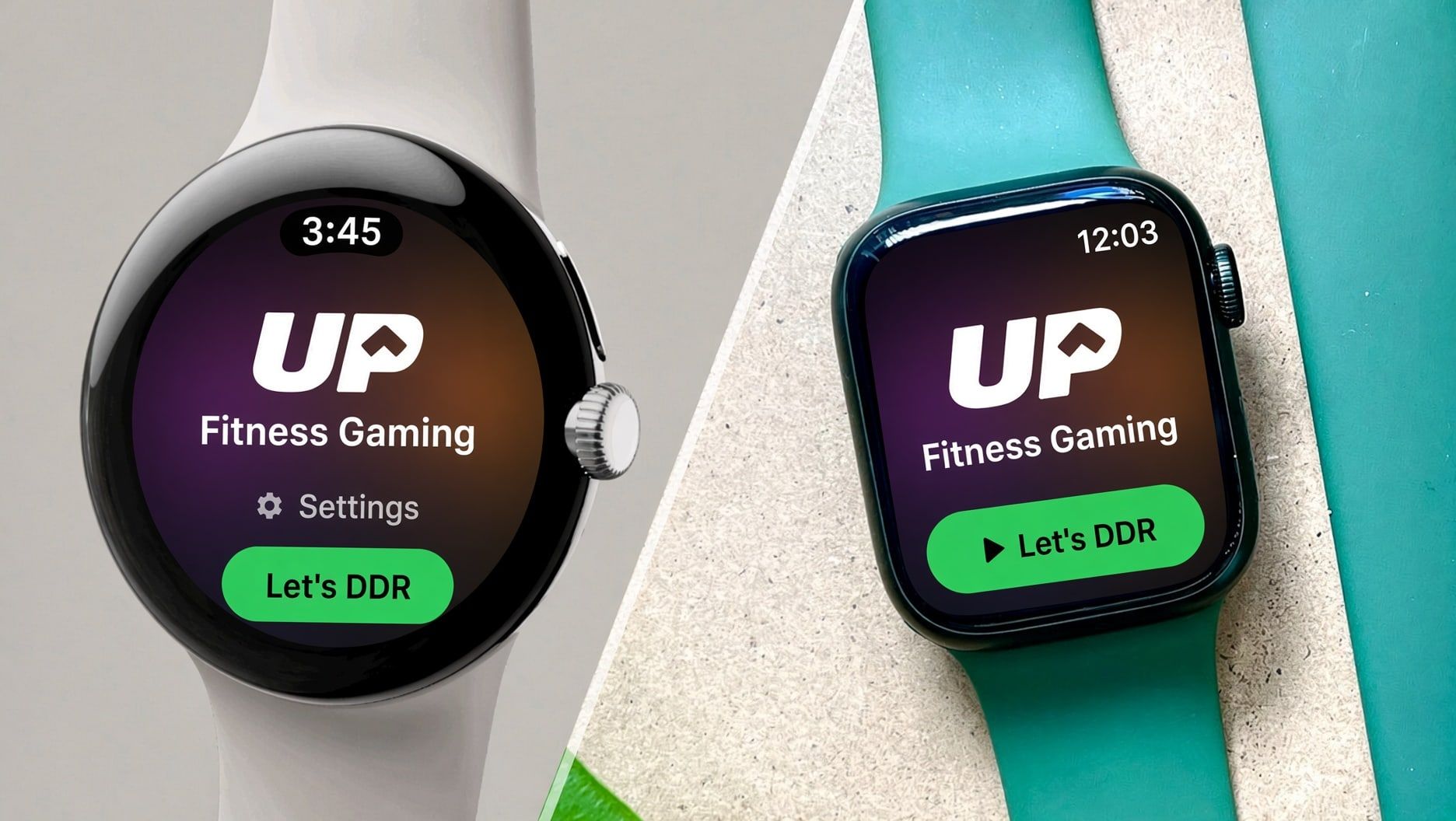 Wear OSウォッチとApple WatchのUpscore。どちらもLet's DDRのスタートボタンを表示