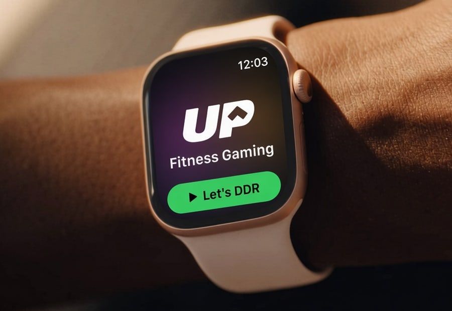 手首につけたApple WatchのUpscore。Let's DDRで始められる状態